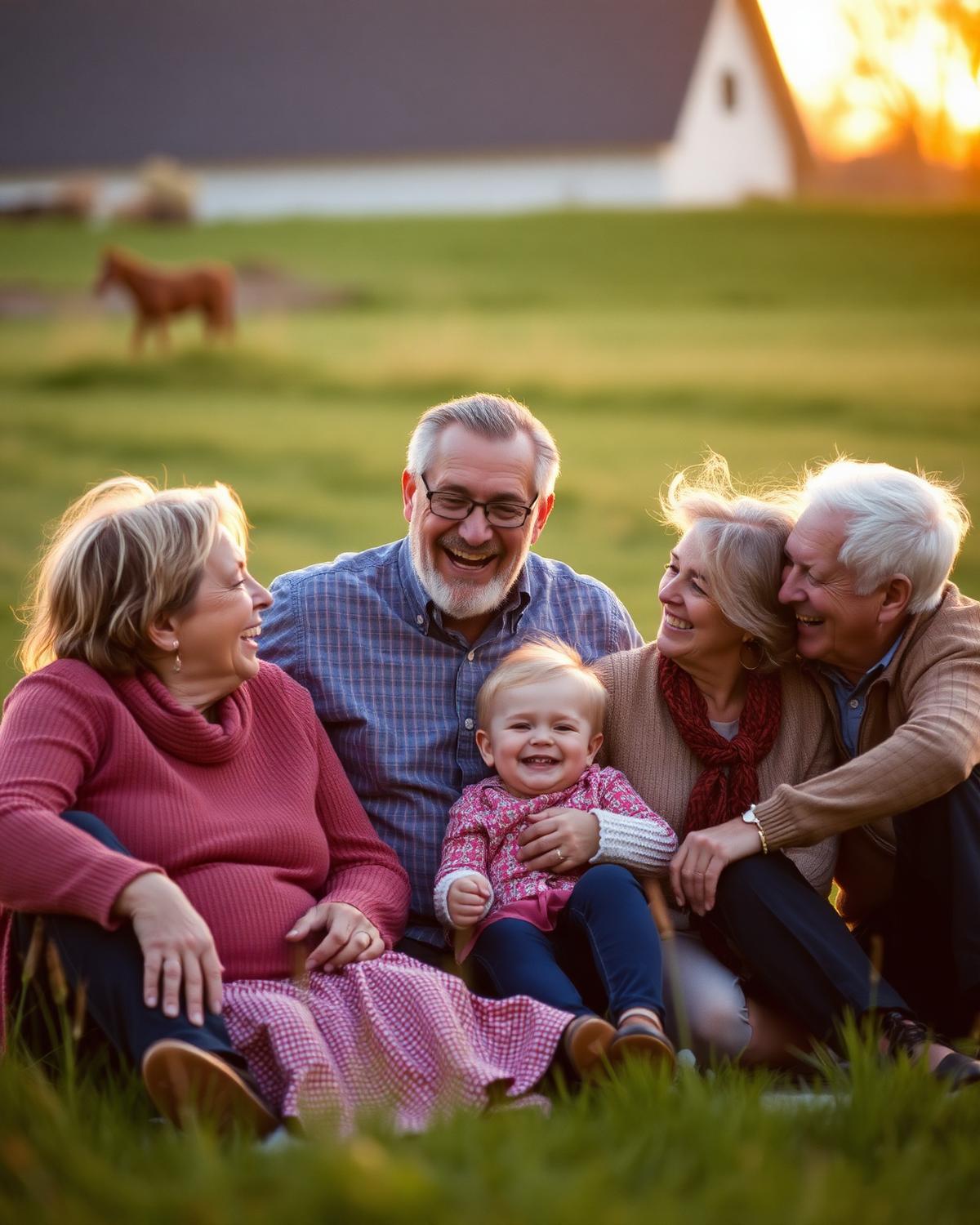 Three generations of a family laughing together at sunset